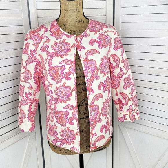 Sigrid Olsen Floral Damask Cotton Silk Blazer Jacket Cream Pink 4 Snap Front - Picture 1 of 14